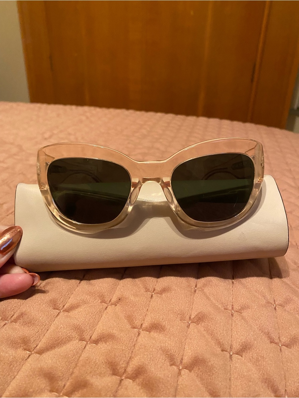 Oliver Peoples Transparent Beige Cat-Eye Sunglasses with Dark Lenses